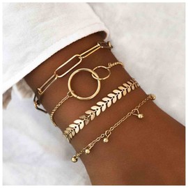 Yheakne Vintage Layered Chevron Bracelet Gold Stacking Circle Bracelet Chevron V Arrow Bracelet Punk Paper Clip Chain Bracelets Set Jewellery for Women and Girls