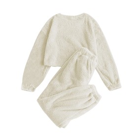 ZAFUL Women's Fuzzy Lounge Casual Pajamas Sets Long Sleeve Fleece Pullover and Pants Set 2 Piece Fluffy Loungewear Sleepwear White