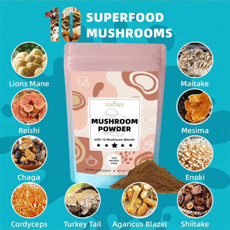 10 Mushrooms Powder, Mushroom Supplement Blend for Coffee, Beverages &