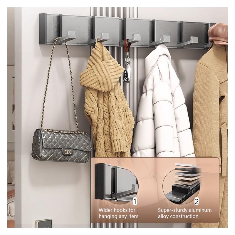 Drovalles Coat Rack Wall Mounted, 5 Retractable Pegs, Heavy Duty,