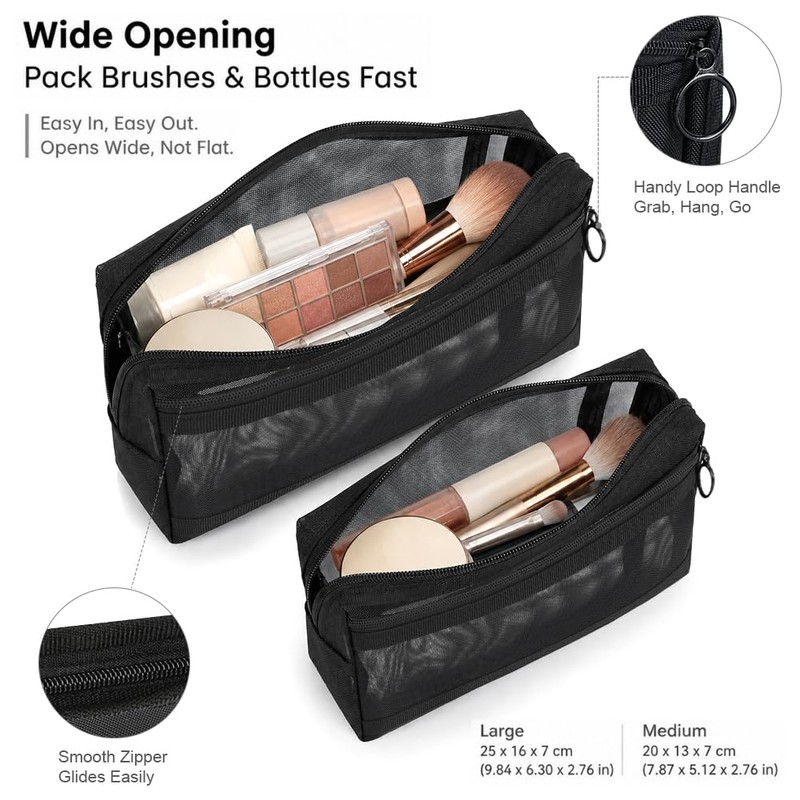 besharppin 2pcs Mesh Cosmetic Bags, Wide Open Zipper Mesh Makeup