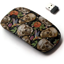2.4G Wireless Mouse with Cute Pattern Design for All Laptops and Desktops with Nano Receiver - Embroidery Skull Roses Humming Bird