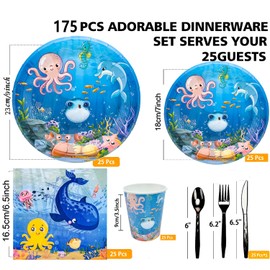 175Pcs Under the Sea Party Supplies Ocean Sea Life Birthday Decorations Include Ocean Animal Plates Ocean Napkins Cups Knive Fork Spoon for Marine Animals Theme Under The Sea PartyParty Decor Serve 25
