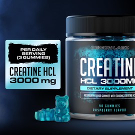Demon Labz Creatine HCL 3000mg Per Serving - Raspberry Flavour - Vegan Gummies (90 Count (Pack of 1), Raspberry)