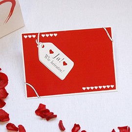 Save the Date Card "Love", Red, Set of 30 Romantic Cards in Red with Printed Pendant, Lettering "Ja! Wir heiraten!" and Small Hearts