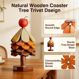Wooden Trivets for Hot Dishes Tree Trivet Set with Apple Topper, 5-Layer Wooden Hot Pad for Table Protection, Foldable Heat Resistant Mat, Festive Coaster & Holiday Kitchen Decor