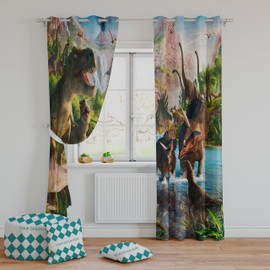 SHUIZHIHE Blackout Curtains Set of 2 - Dinosaur Theme 3D Print with T-Rex, Volcano & Jungle, Thermal Insulated Kids Room Darkening Curtains (W117cm (46") x D183cm (72"))
