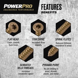 Power Pro Multi-Material Flat Head Screws, #6 x 1 Epoxy Coated Steel Fasteners for Wood, Metal, Concrete, Drywall and Plastic, Torx Drive Construction Screws with Drill Bit, Bronze, 320-pc, 116822