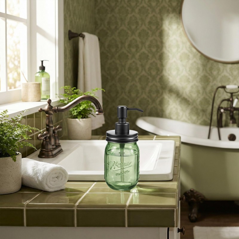 Amolliar Green Glass Mason Jar Liquid Soap Dispenser, 16OZ, Black
