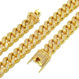Mens Miami Cuban Link Chain 18K Gold 14mm brass Curb Choker Necklace Toughguy Hiphop Rapper Cubia Zirconia Inlaid Full Diamonds Chain Gift for him