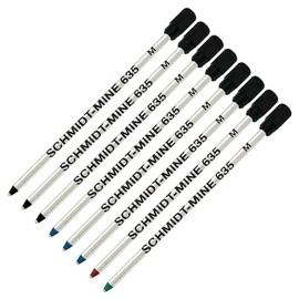 Schmidt 635 D1 Mine Ballpoint Refill - Black, Blue, Green, Red Ink - Medium Tip 0.7mm - Pack of 8 (with Plastic End Cap)