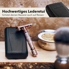 Störtebekker Shaving Accessories Störtebekker® Premium Rasierhobel ‘Hamburg’ im handgefertigten Leder-Etui - *TESTSIEGER* Stiftung Warentest (12/2024) - Rasier-Set mit 10 Rasierklingen, Reise-Etui & eingebautem Spiegel - Nassrasierer