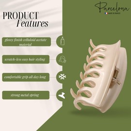 Parcelona French Arch Medium 3 1/4" Celluloid No Slip Grip Hair Claw Clips for Women, Made in France (Cream Ivory)