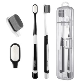 Cepillo de dientes suave para encías sensibles, nuevo japonés 20.000 micro finas cerdas nano cepillo de dientes para adultos, embarazadas y ancianos, embalado en estuche portátil, color blanco y negro paquete de 2