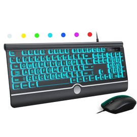 Wired Keyboard and Mouse Combo - Large Print Light Up Keyboard, USB Silent Wired Backlit Keyboard and Optical Mouse for Windows, PC, Laptop - Easy to See, USB Play and Plug