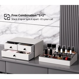 GORESE Leather Makeup Organizer with Drawers for Vanity, Stackable Skincare Holder Dresser Organizer Countertop, Make Up Storage Organizers Counter Cosmetic Display Case Gifts for Women(Cream White)