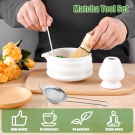 RdjEokf Matcha Set - Ceramic & Bamboo - White - Traditional - 3x5.04 Inch Bowl, 4.2 Inch Whisk, 7.24 Inch Scoop & Sifter