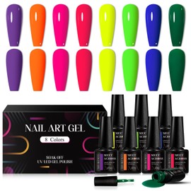 MEET ACROSS Gel Nail Polish Set, 8PCS Neon Blue Green Red Gel Nail Polish Kit, Soak Off UV/LED Nail Polish Nail Art Design Salon Home Gifts for Wome