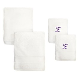 Super Soft Thick Embroidered White Turkish Cotton Bath Towel Set of 2 with Monogrammed Purple Script Z | Looped Terry Cloth Finish Extra Absorbent Quick Dry Luxury Kitchen Spa Bath Hand Towel