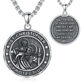 Shusukue St Michael/Benedict/Christoph/Gabriel/Guadalupe/Muerte/Virgin Mary Necklace 925 Sterling Silver Saint Patron Pendant Religious Jewellery Gifts for Men and Women, Sterling Silver, base