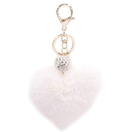 Unpafcxddyig Pom Poms Keychains Cute Fluffy Heart Pearl Rhinestone Keyring Artificial fur Puff ball for Car Bag Charms,White