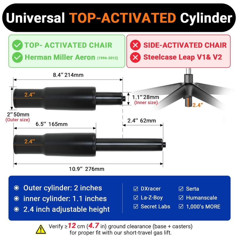 8.4-10.9 Inches Short Office Chair Gas Lift Cylinder, TOP-ACTIVATED