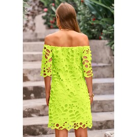PRETTYGARDEN Women's Summer Off Shoulder Vintage Floral Lace Flare Short Sleeve Loose Elegant Mini Dress (Fluorescent Green,X-Large)