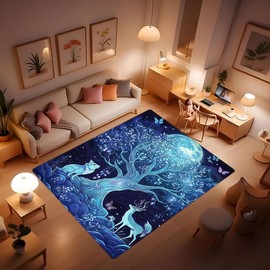 Magic Forest elk Wolf Butterfly Moonlight Fantasy Fairy Tale Scene Carpet Flannel Non-Slip Bathroom mat - Indoor - Living Room - Children's Bedroom Rug Blue 24x36inch