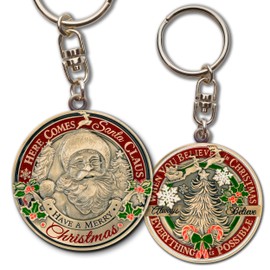 Armor Coin & Emblem - Santa Claus Christmas Keychain – 1.5 inch Holiday Gift – “Here Comes Santa” – “Always Believe” Message – Stocking Stuffer or Collector’s Keepsake Key Chain