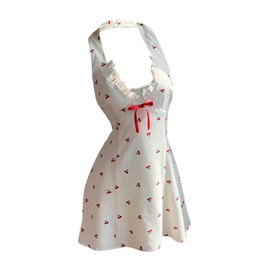 Floerns Women's Cherry Print Bow Halter Top Dress Backless A Line Cute Mini Dresses White Multi X-Small