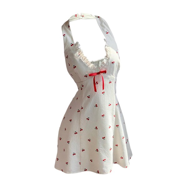 Floerns Women's Cherry Print Bow Halter Top Dress Backless A