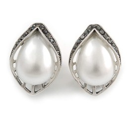 Vintage Inspired Faux Pearl Hematite Crystal Leaf Stud Clip On Earrings In Silver Tone - 23mm L