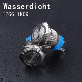 JIQI 2 x 19 mm Momentary Metal Push Button Switch 12 V to 24 V 3 A Momentary Push Button Switch with Blue LED Light IP66 1NO1NC Button End Waterproof Pre-Wired Push Button for Boat Truck RV Car (Blue)