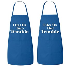 Matching Couples Aprons Set, I get us into trouble, I get us out of trouble Aprons, Mr and Mrs, Couples Apron Set, Wedding Gift (2 aprons) (Royal)