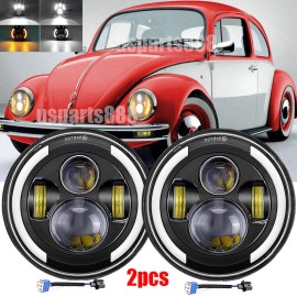 US- 2x Fit Volkswagen Beetle 50-79 7'' Round LED Headlights Hi-Lo Beam Projector DRL