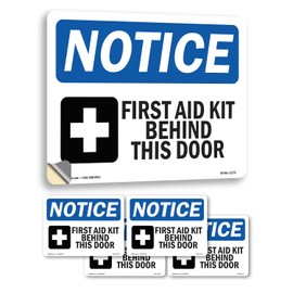 First Aid Kit Behind This Door With Symbol OSHA Notice Vinyl Decal Label 10 Inch x 7 Inch - 5 Pack
