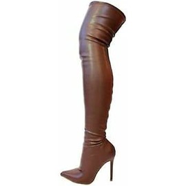 Liliana DB54 Women Pointy Toe Thigh High Single Sole Stiletto Boot (Brown PU, 9)