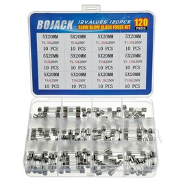 BOJACK 12 Values 120 pcs Slow Blow Glass Fuses Assortment Kit 5x20mm 250V T0.5A 1A 1.25A 1.6A 2A 2.5A 3A 3.15A 4A 5A 6.3A 10A packag in a Clear Plastic Box