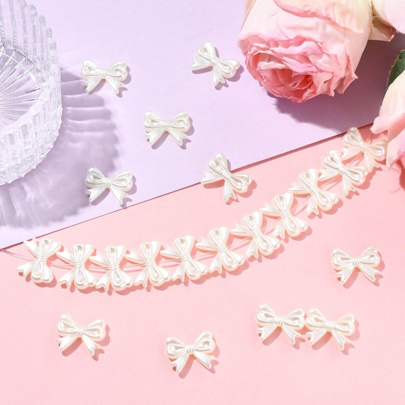 Ornazy 50Pcs White Imitation Pearl Aesthetic Spacer Beads Elegant Bow