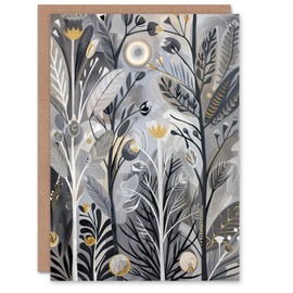 Artery8 Greeting Card Wildflower Meadow Grey Orange Botanical Folk Art Blank For Him Or Her Art Birthday Card