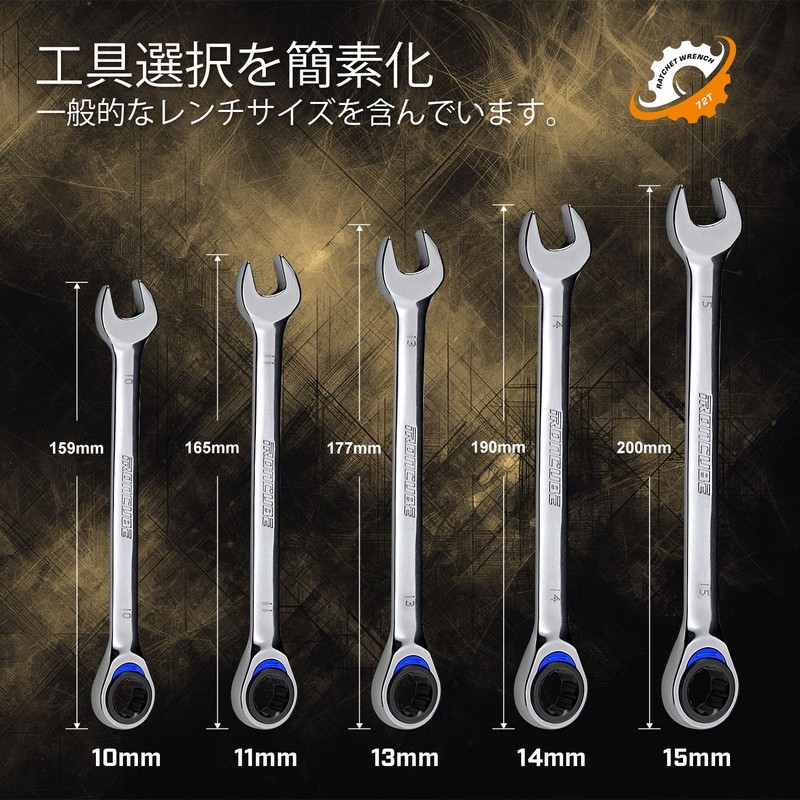 IRONCUBE Ratchet Combination Wrench Set, 5 Piece, Metric, 10-15mm, CR-V