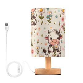 Cow Daisy Farm Animal Lamp for Girls Boys Bedroom Bedside Table Lamp with USB Port LED Kids Nightstand Lamp Wood Base Desk Living Room Decor