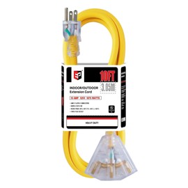 EP 10 Ft 12 Gauge Heavy Duty Extension Cord, 15A 125V 1875W, 3 Outlet Indoor/Outdoor Power Cord with Lighted End, 12/3 SJTW Weatherproof Yellow, UL Listed