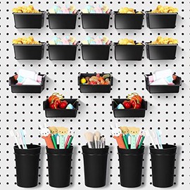20 Pack Pegboard Cups Pegboard Bins Set, Pegboard Wall Organizer with Hooks and Loops, Peg Hooks Assortment Organizer Accessory for Garage Craft Workshop Office Storage (Black)