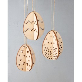 Rayher Wooden Easter Eggs, 3D Effect, Set of 3, 5.5 x 7 cm, with Jute String for Hanging, FSC Certified Wood, Easter Decoration, 46688505