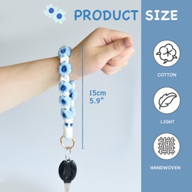 KUDOS Handmade Woven Keychain Wristlet – Stylish Keyring Holder Bracelet Wrist Lanyard for Women (Blue Flower)