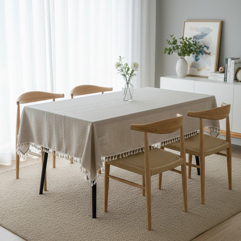 Linen Rectangle Table Cloth Neutral Textured Rustic Tablecloth, Wrinkle Free