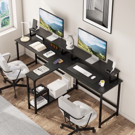 Mexin Home Office Desk-83.7 Inch 2 Person Desk with Storage Shelves and Power Outlets, Double Desk with Monitor Stand, Computer Gaming Desk, Large Work Desk, Black
