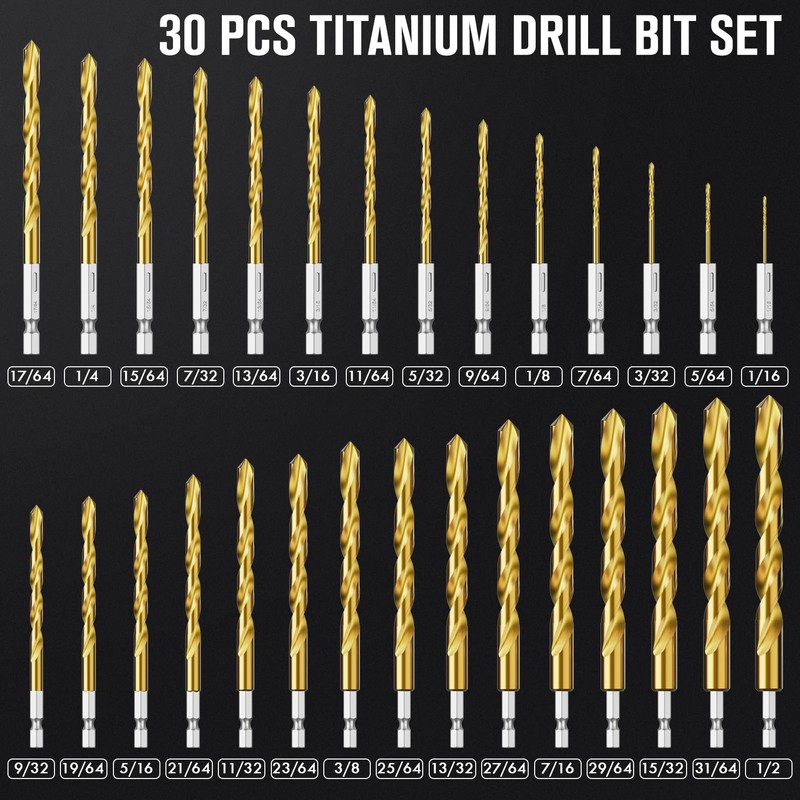 MACXCOIP Hex Shank Drill Bit Set, 30Pcs HSS Titanium Twist