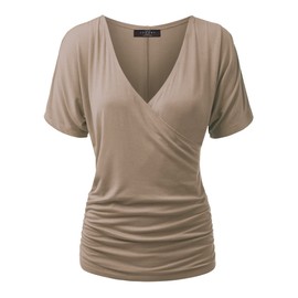 Made By Johnny MBJ WT1118 Womens V Neck Short Sleeve Wrap Front Drape Dolman Top L Taupe